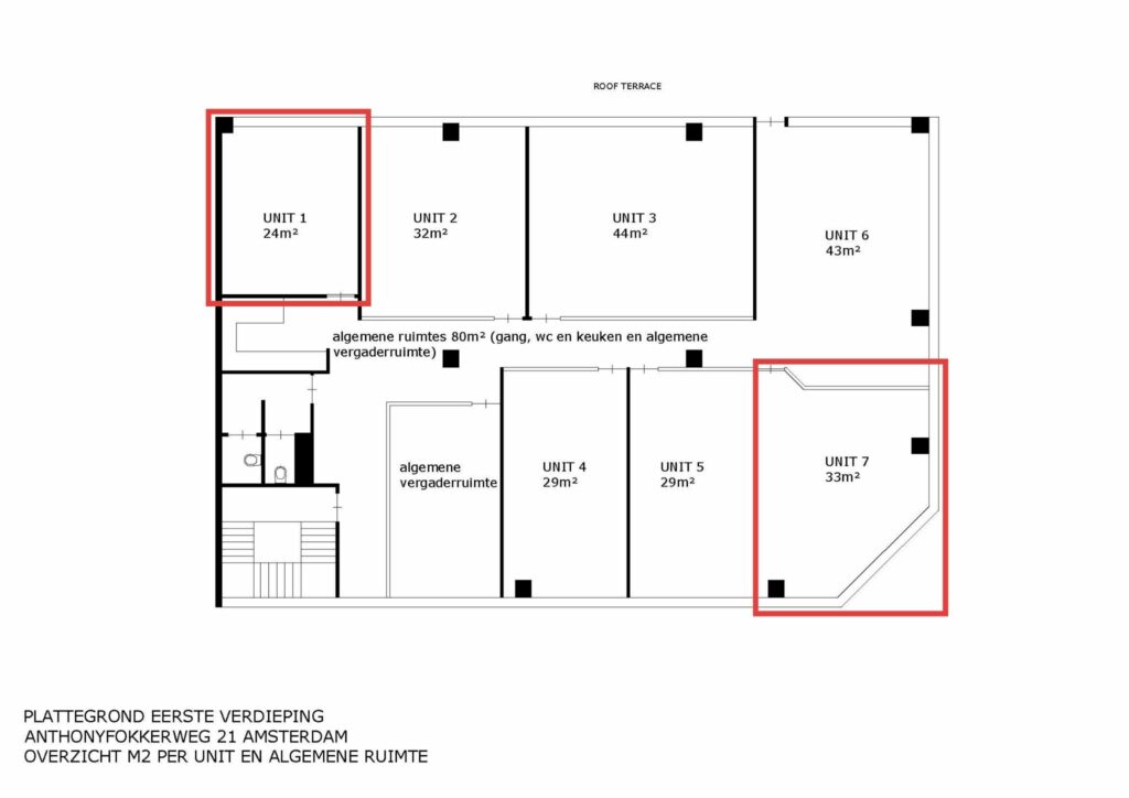 Plattegrond van de eerste verdieping aan de Anthony Fokkerweg 21 in Amsterdam met zeven units en algemene ruimtes.